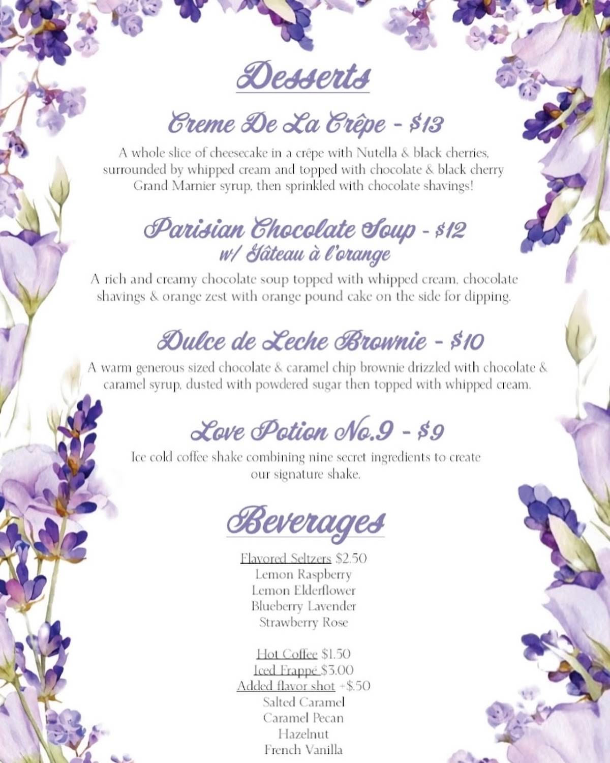 Menu at The Lazy Maid Crêperie restaurant, Brooksville