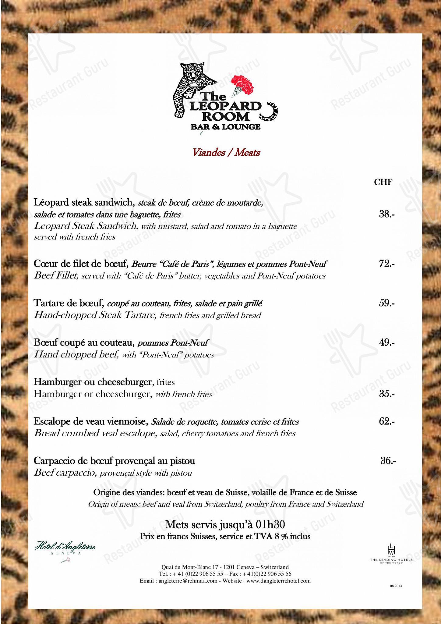 Dinner Menu pour The Leopard Room Bar & Lounge dans Genève