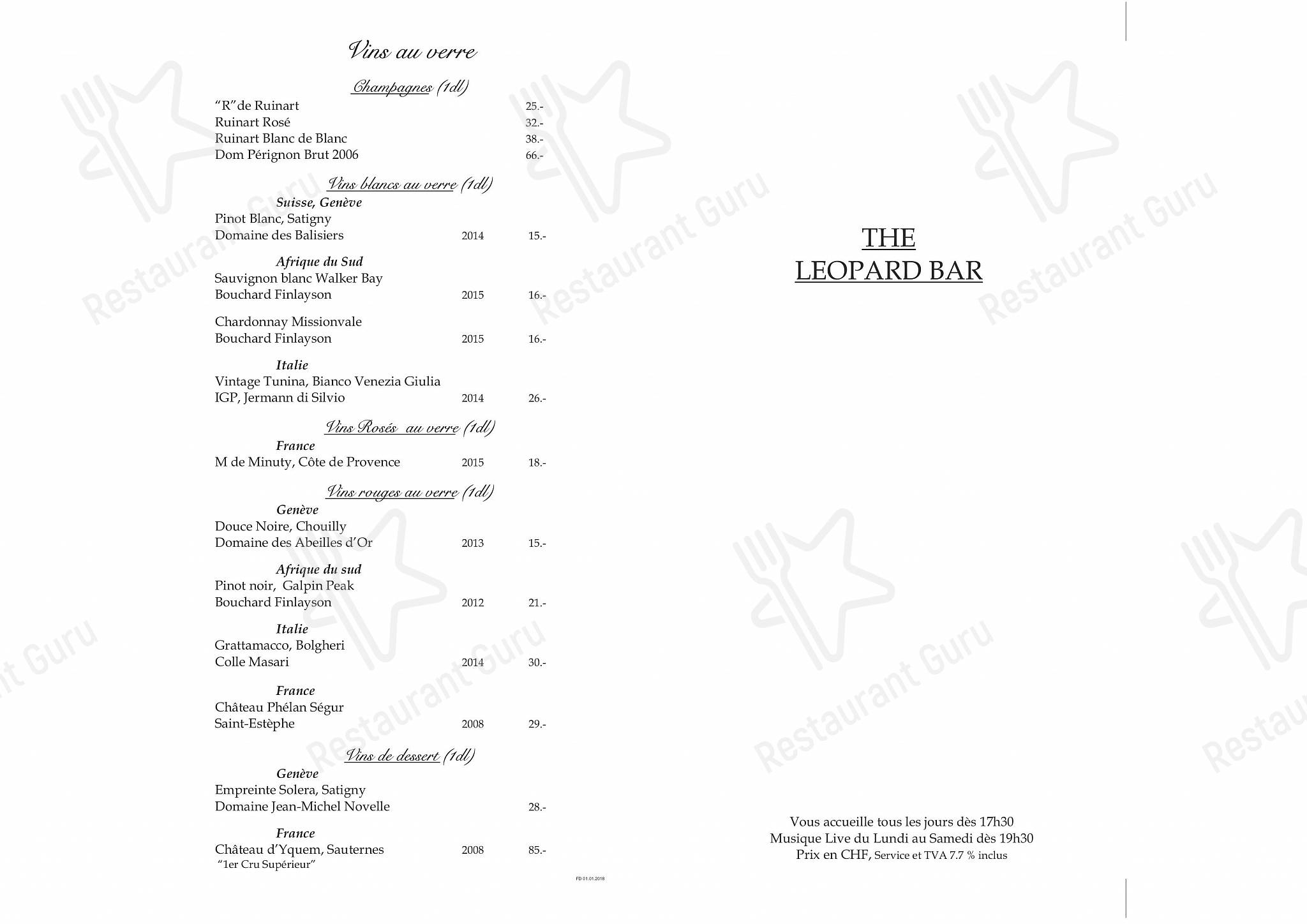 Dinner Menu pour The Leopard Room Bar & Lounge pub et bar