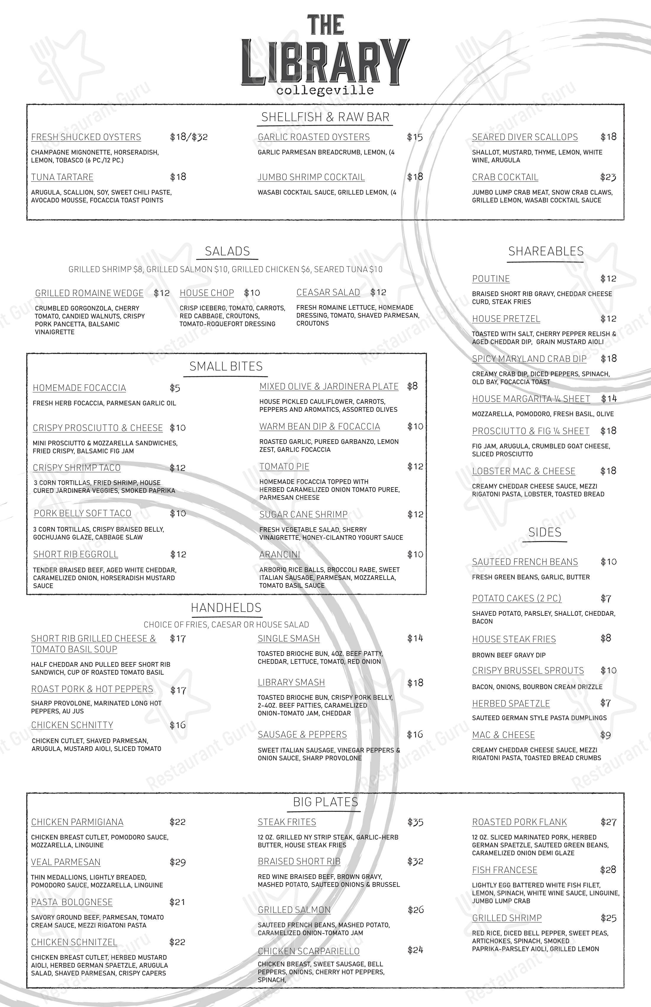 Menu at The Library pub & bar, Collegeville