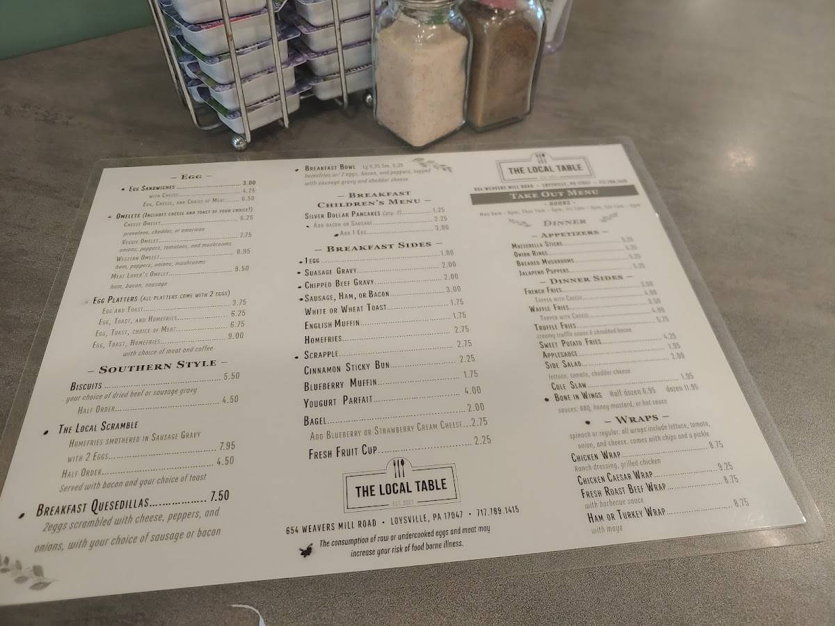 Menu at The Local Table restaurant, Loysville
