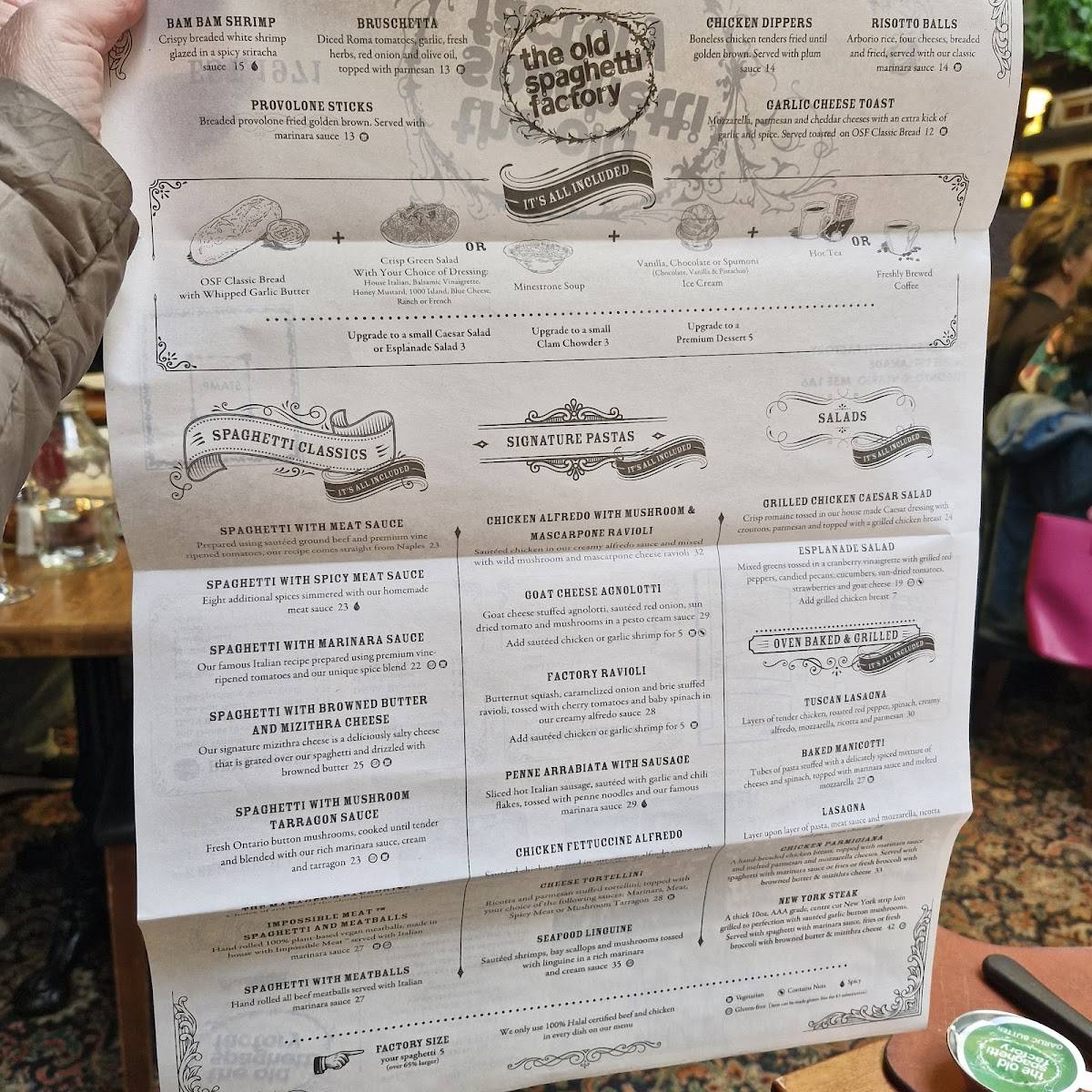 Menu de The Old Spaghetti Factory