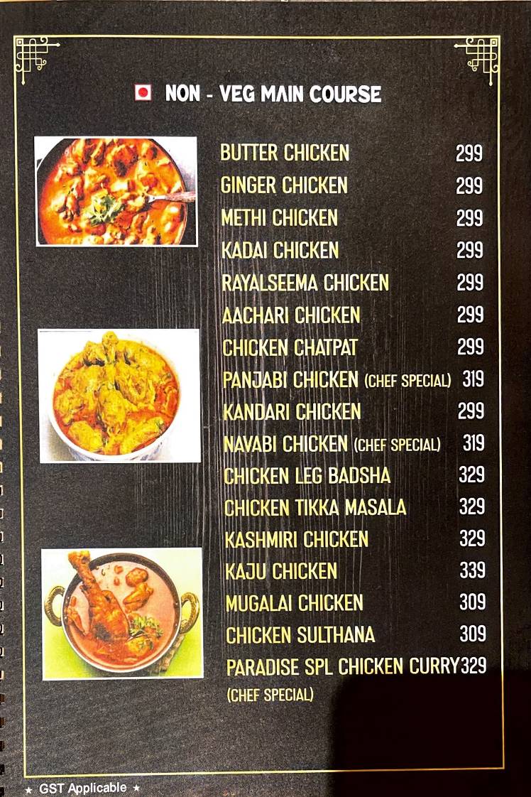 The Paradise family restaurant menu