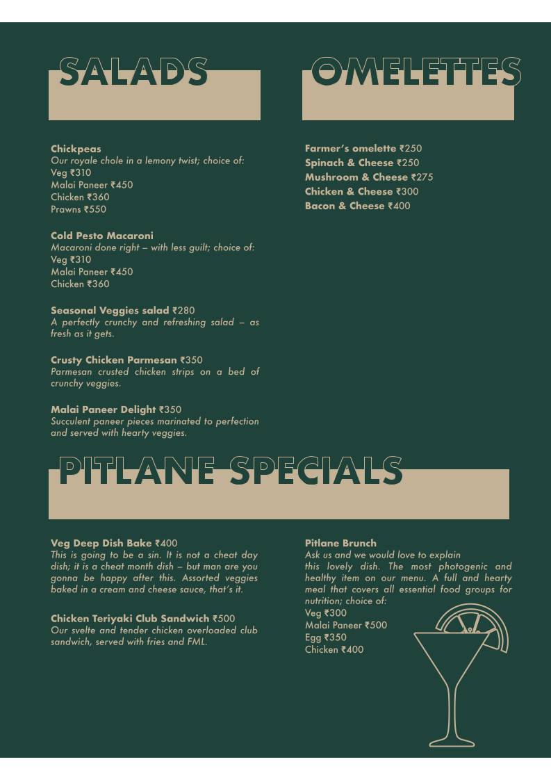 The Pitlane Cafe menu