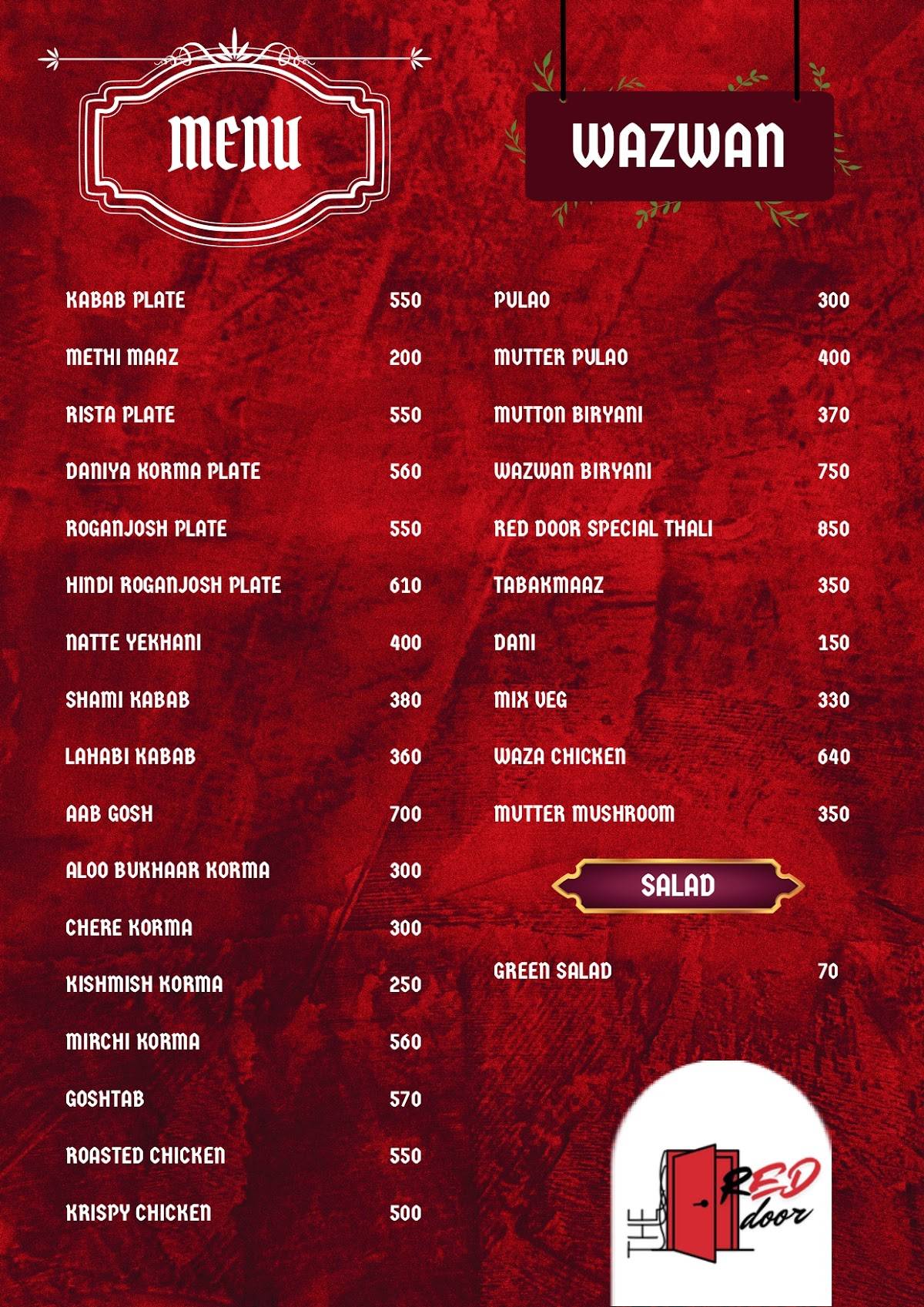 The Red Door menu