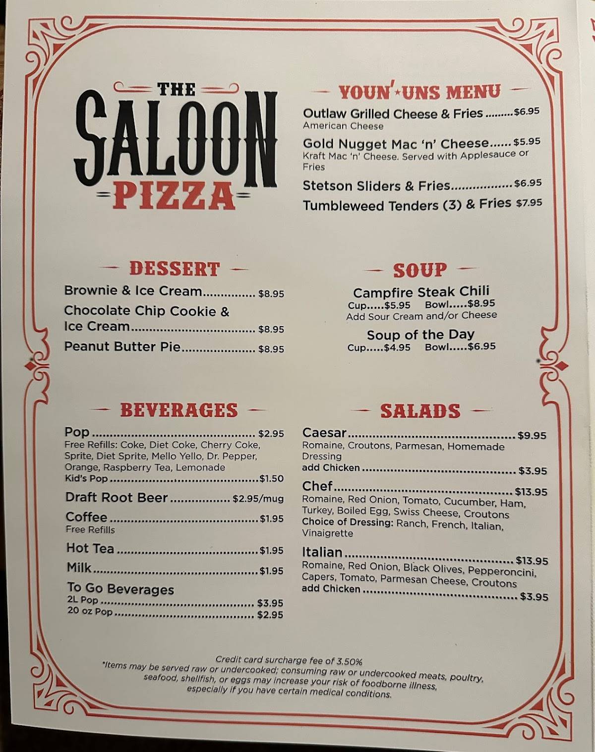 Menu at The Saloon pizzeria, Gladstone