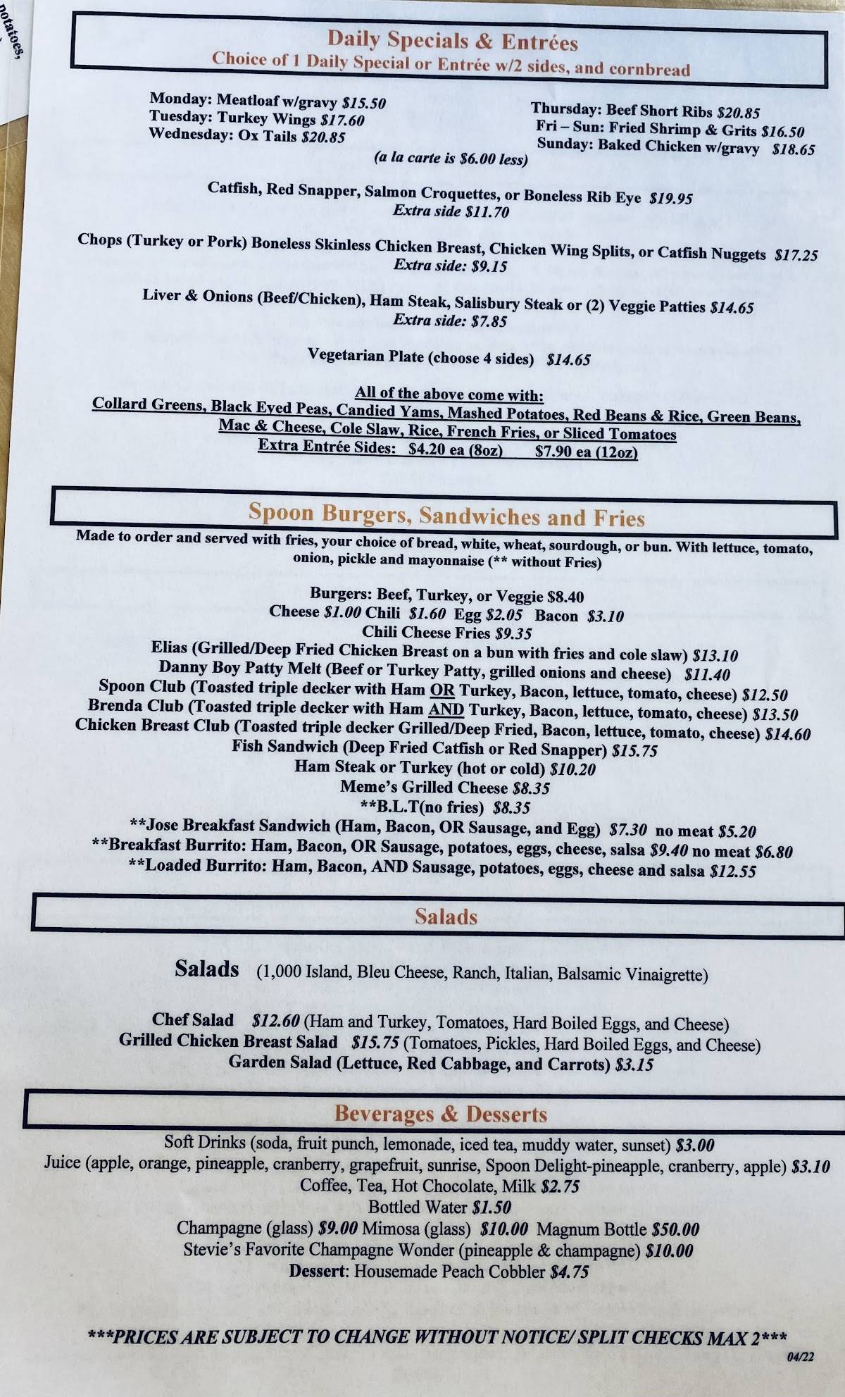 Menu at The Serving Spoon restaurant, Inglewood