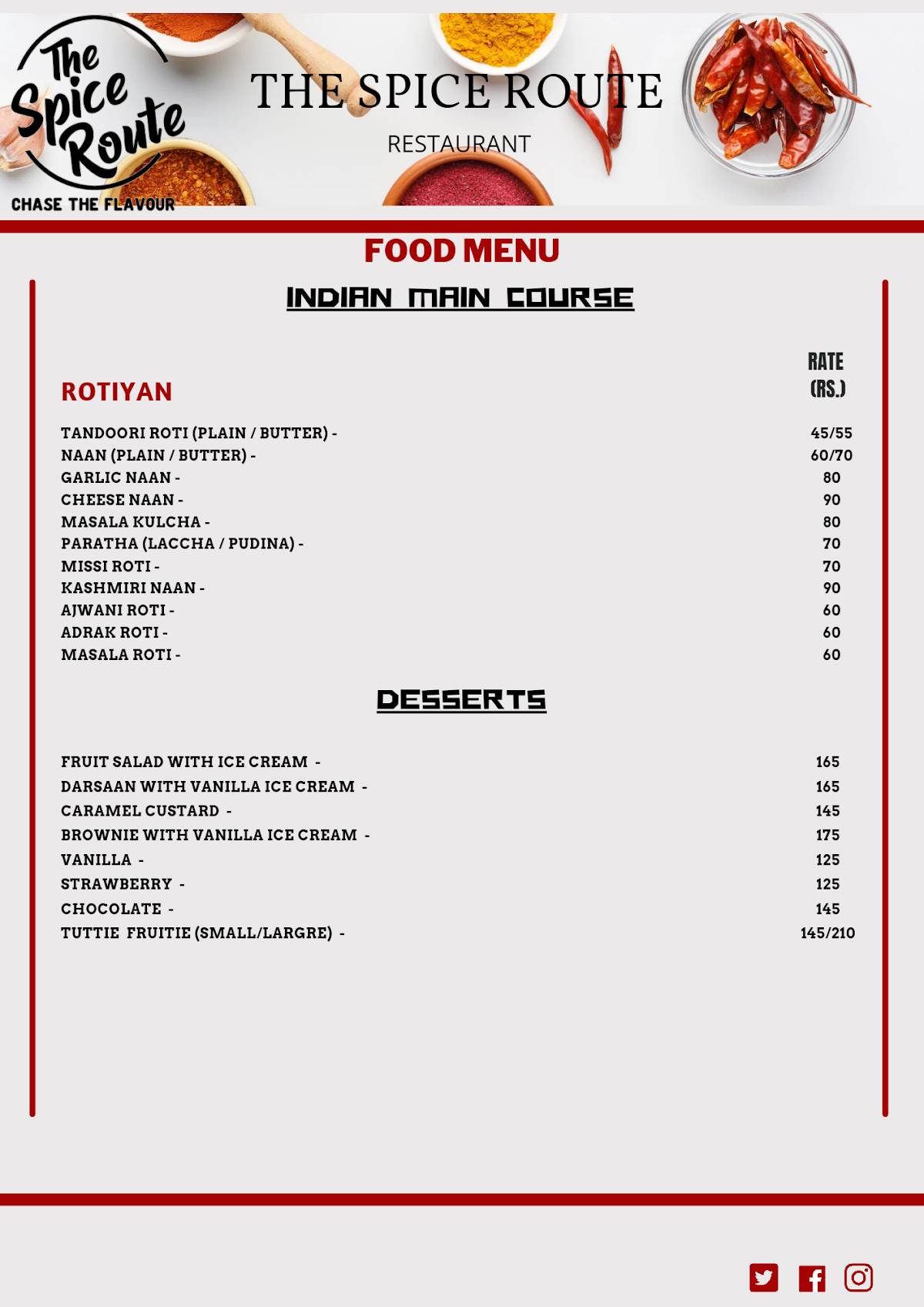 The Spice Route menu