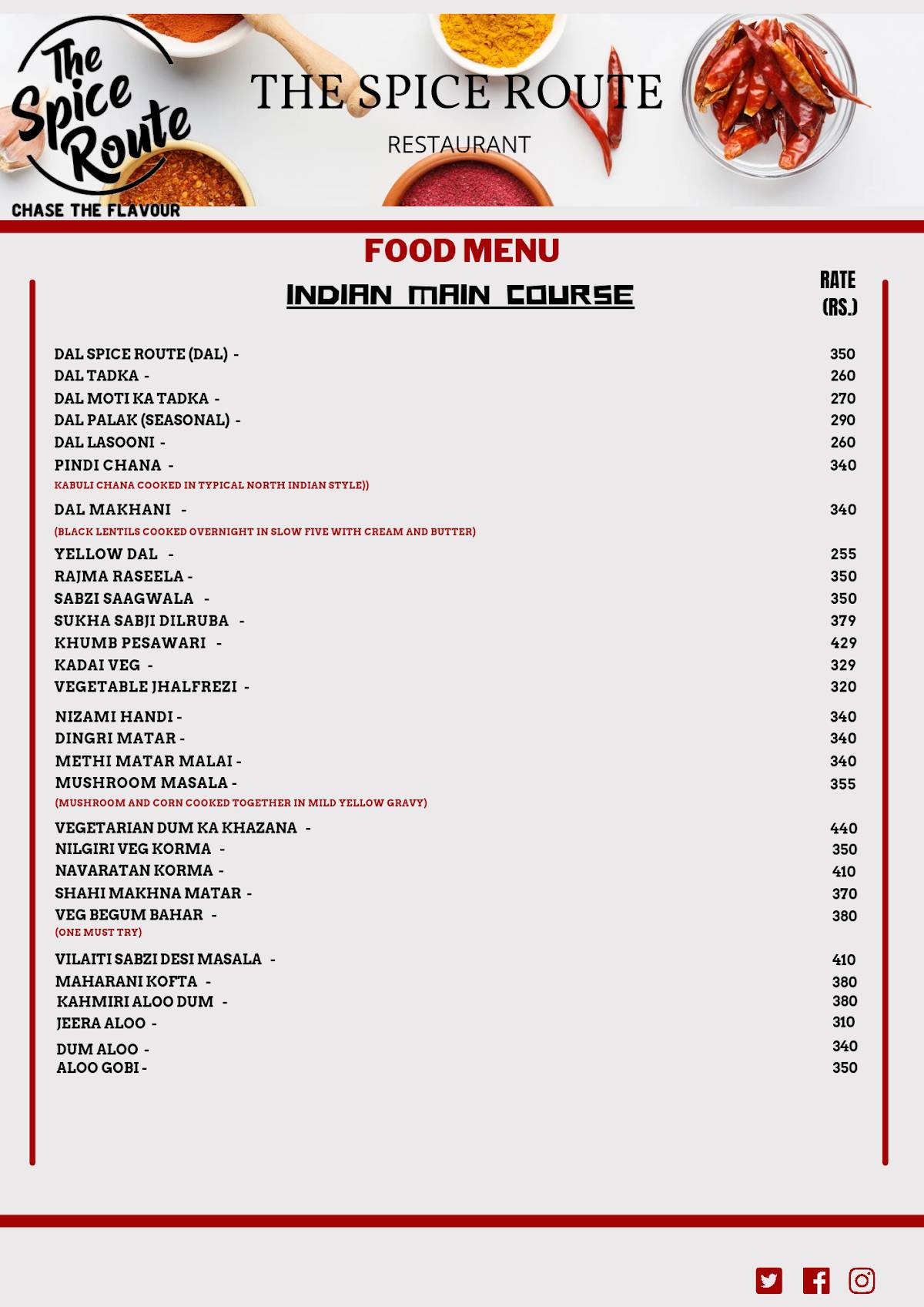 The Spice Route menu