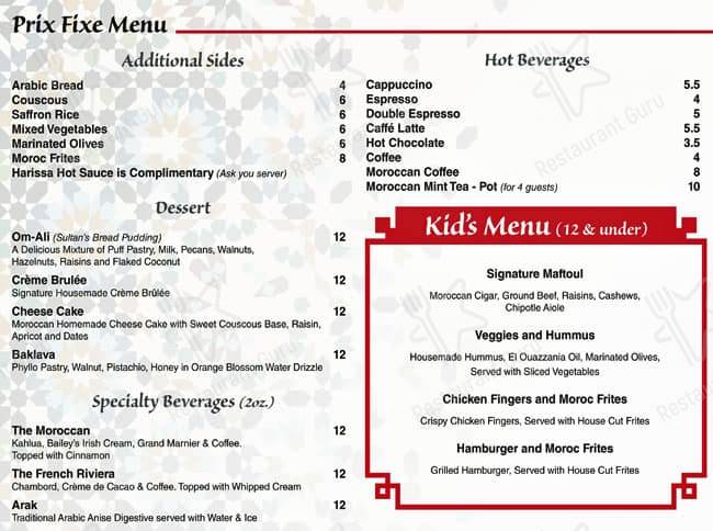 Menu de The Sultan's Tent and Cafe Moroc