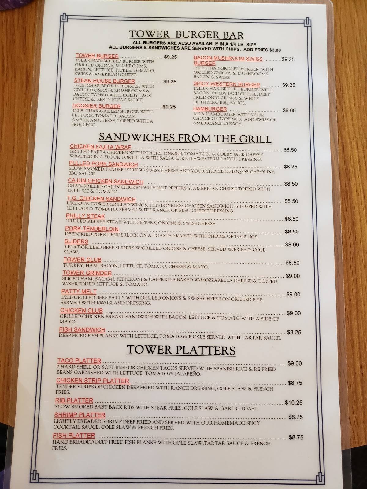 Menu at The Tower Bar & Grill, Fort Wayne