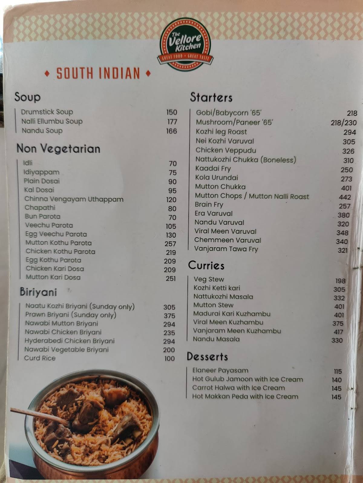 The Vellore Kitchen menu