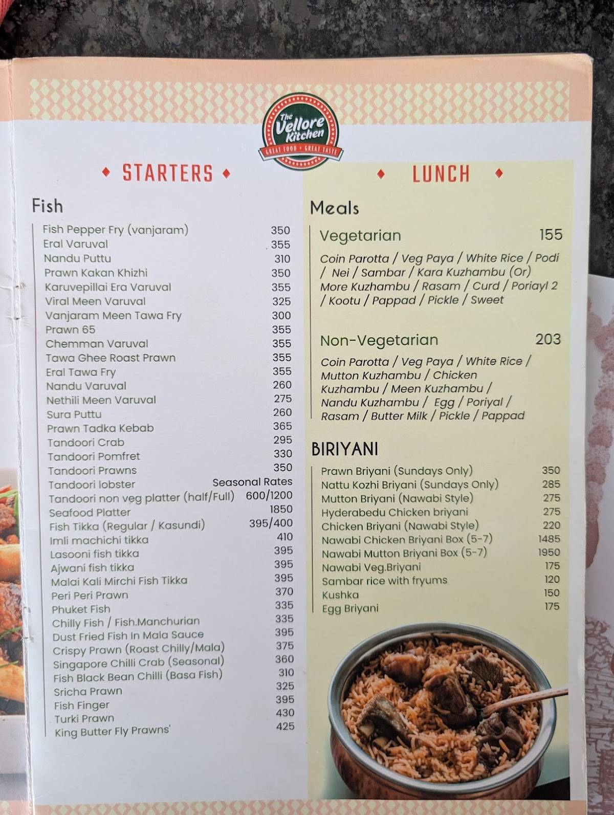 The Vellore Kitchen menu