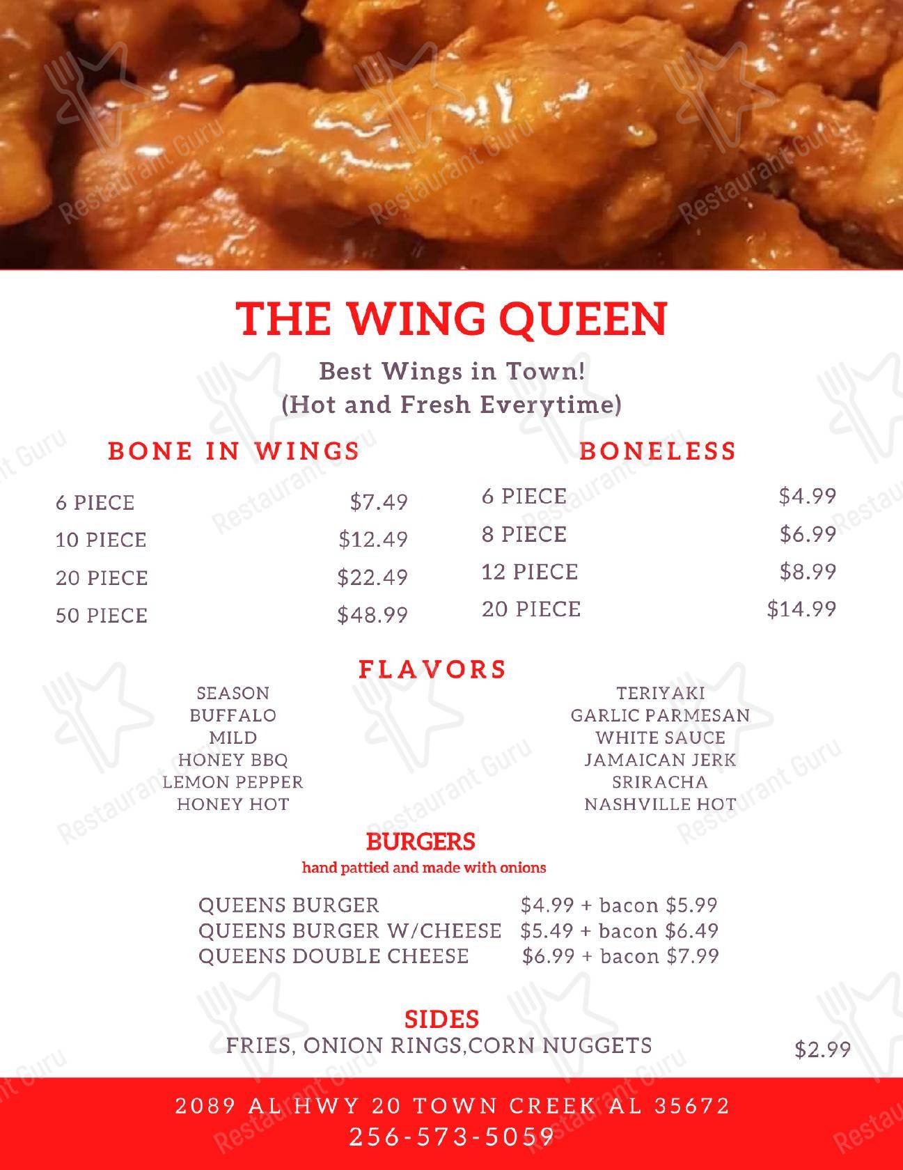 Menu at The Wing Queen restaurant, Town Creek