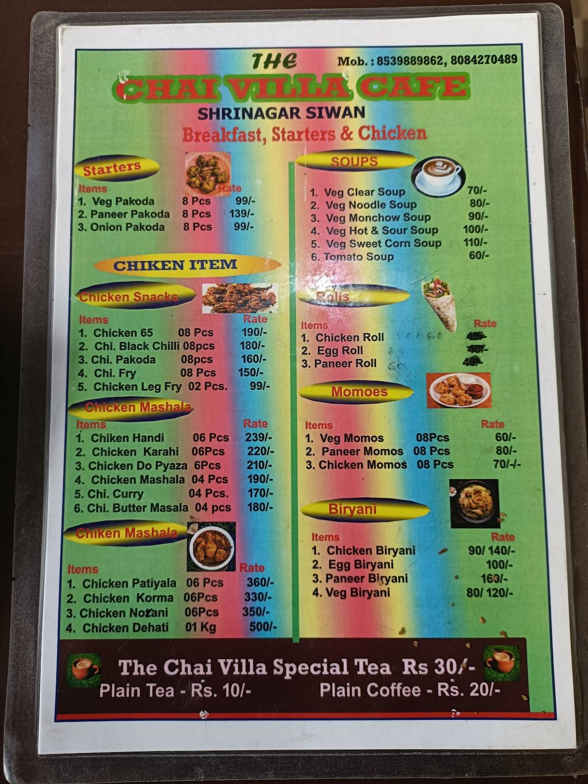 The chai villa cafe menu