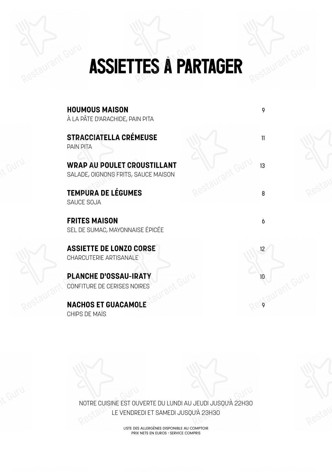 Menu pour Tiger Paris pub et bar
