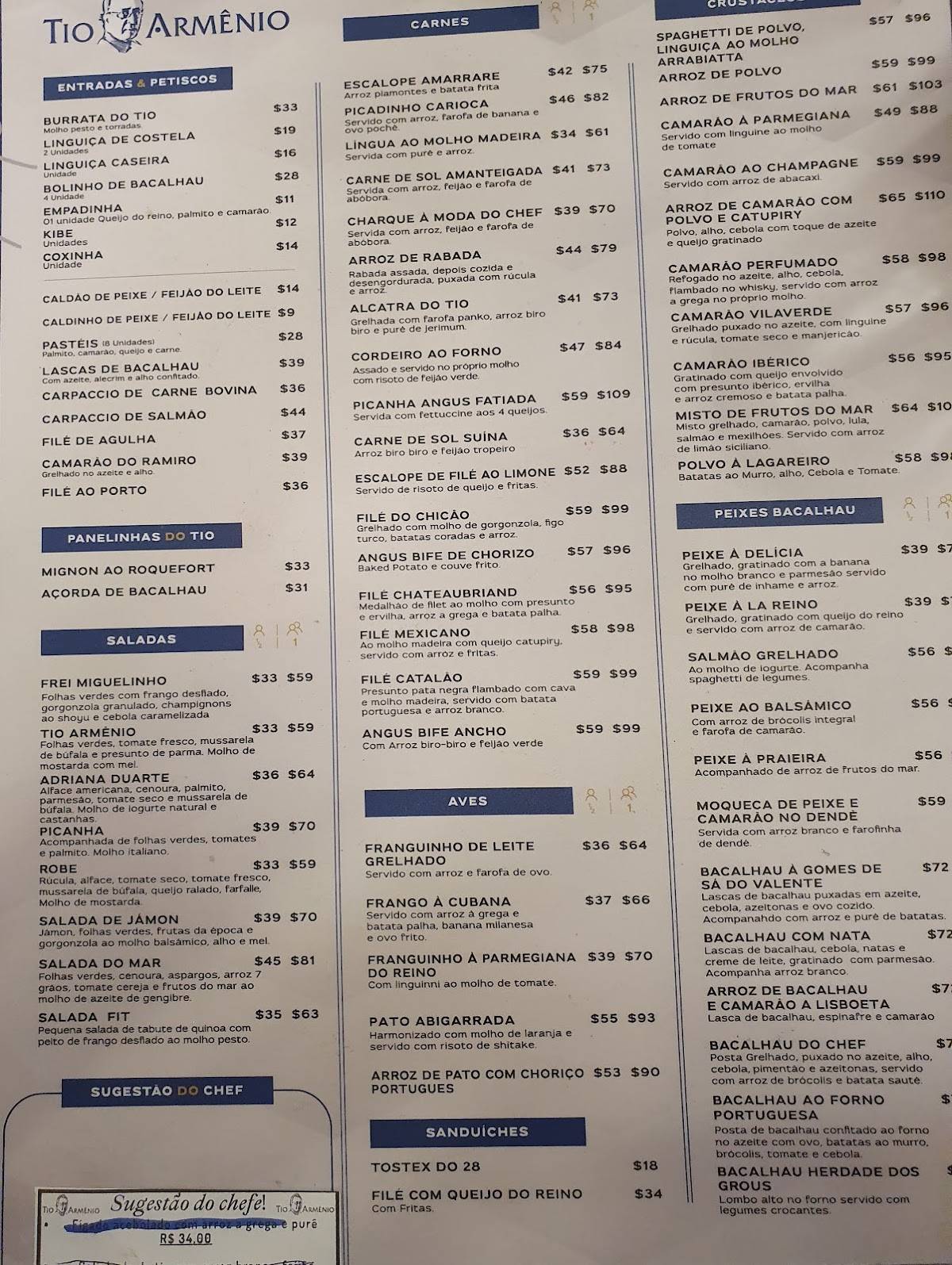Tio Armênio cardápio