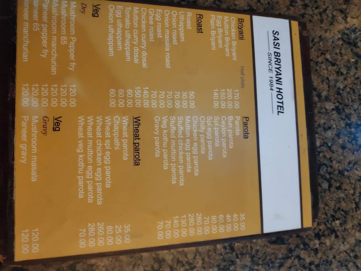 Sasi Briyani Restaurant menu