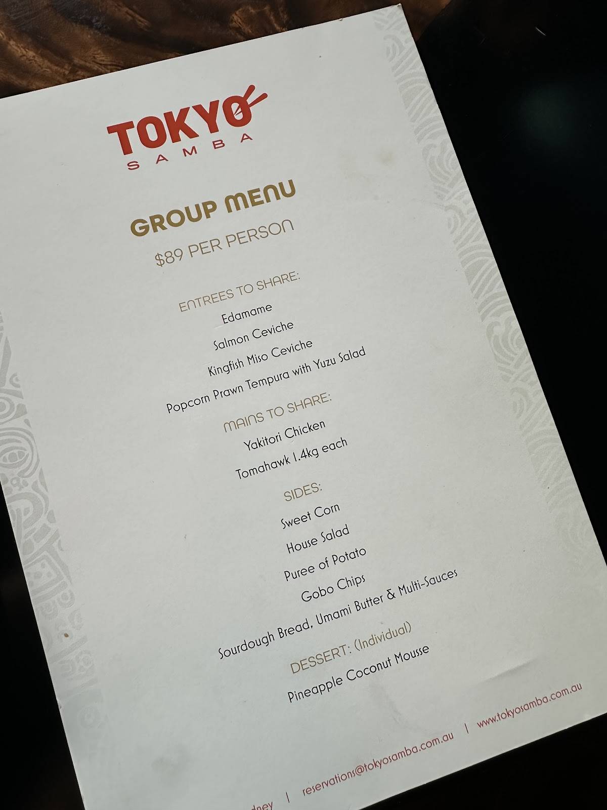 Menu at Tokyo Samba restaurant, Bankstown