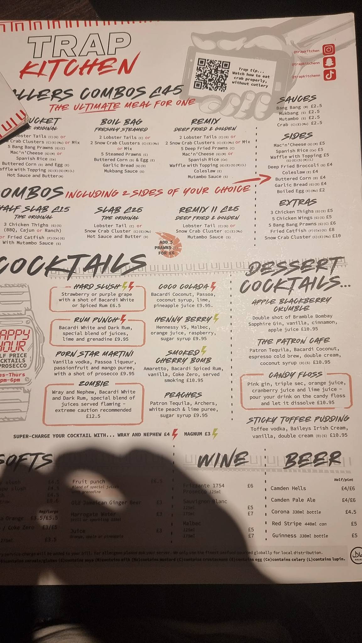 Menu at Trap Kitchen restaurant, London, 7677 Chalk Farm Rd