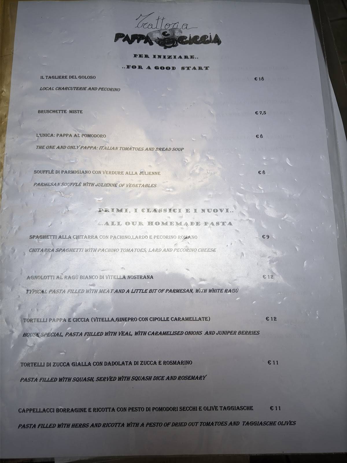 Menu di Trattoria Pappa e Ciccia 