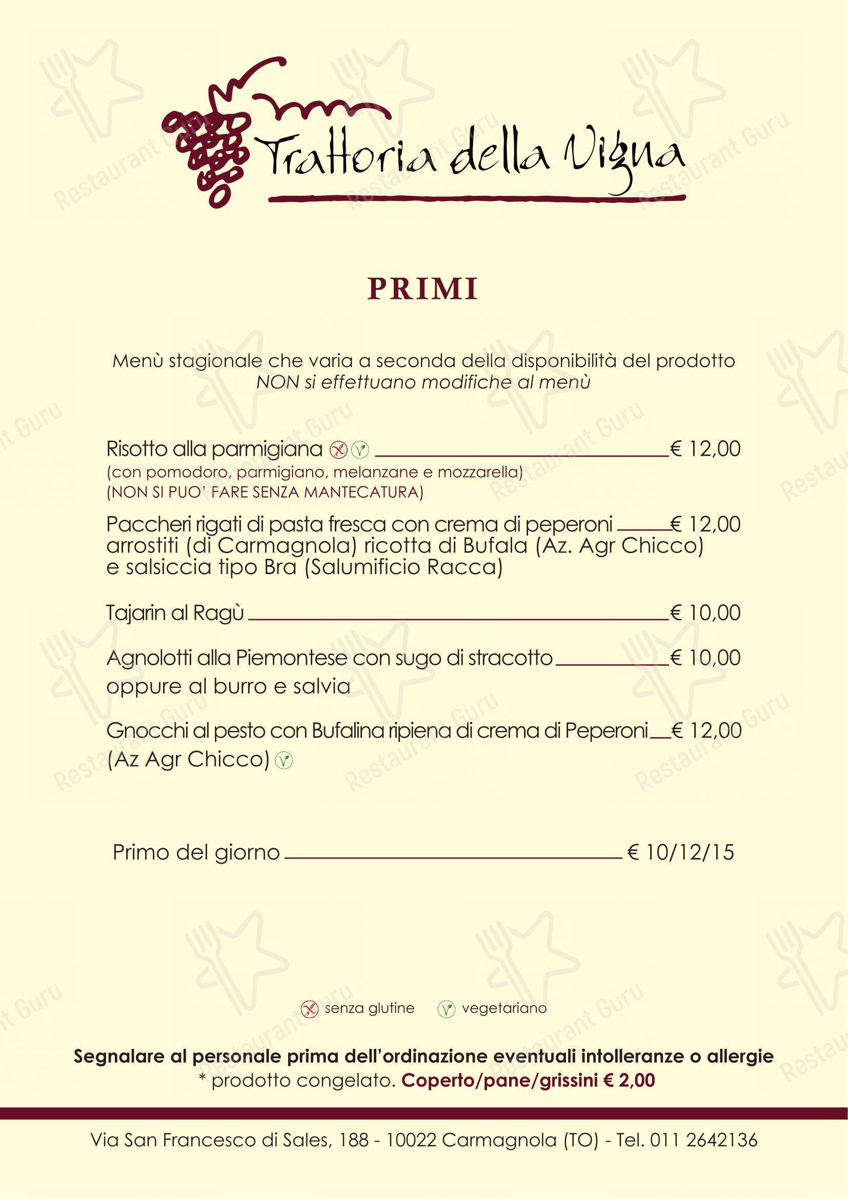 Menu di Trattoria della Vigna - Menu bar