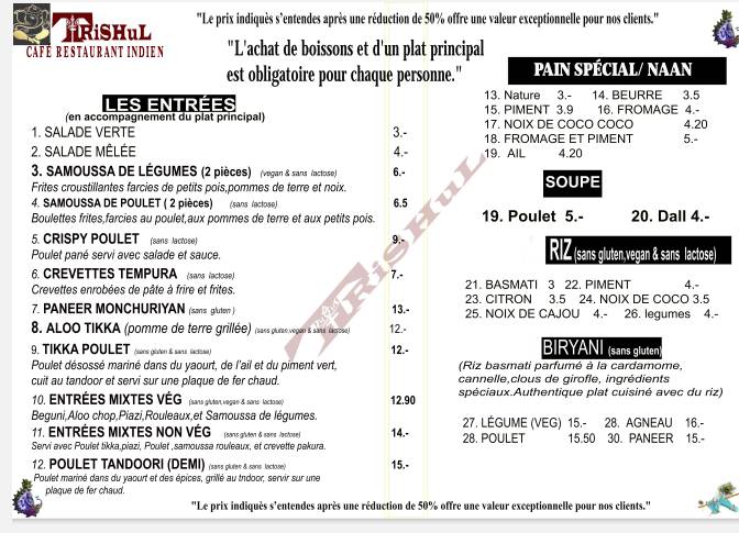 Menu di Trishul café restaurant Indien(Indian Restaurant in Lausanne) 