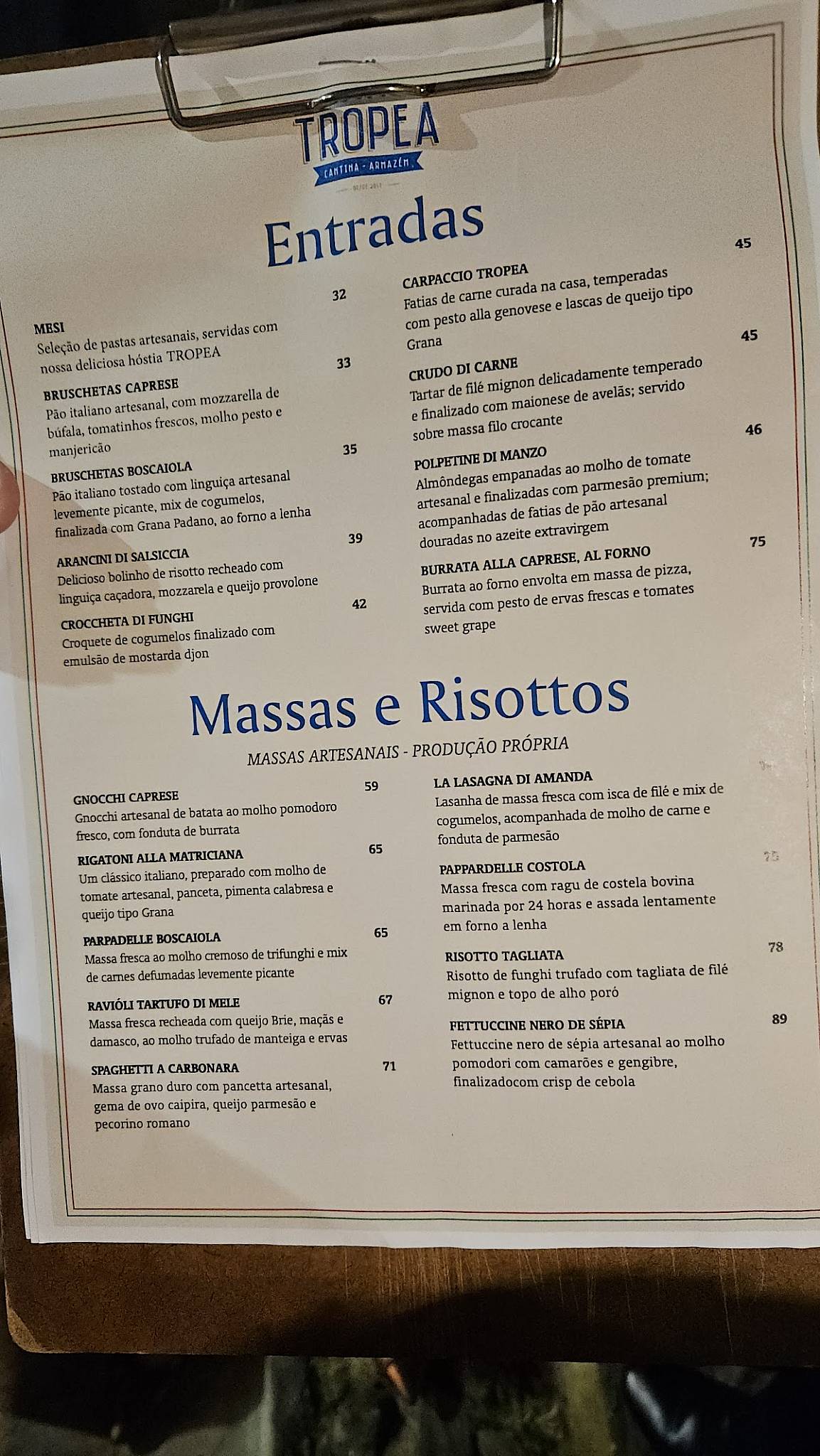 Tropea Cantina e Armazém cardápio