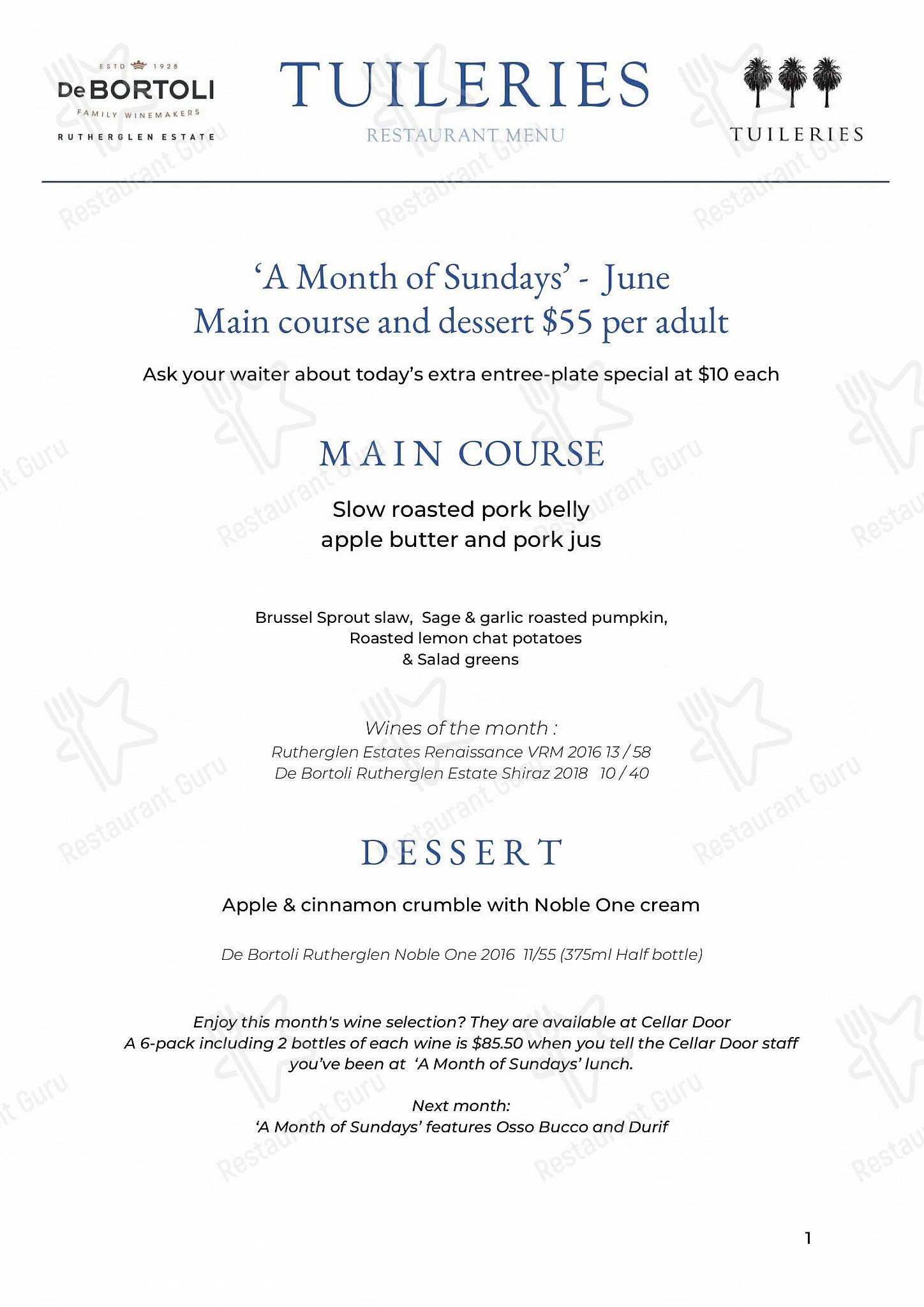 Menu at Tuileries at De Bortoli Rutherglen restaurant, Rutherglen