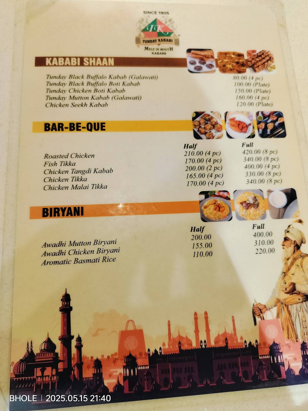 Tunday Kababi, Aminabad menu
