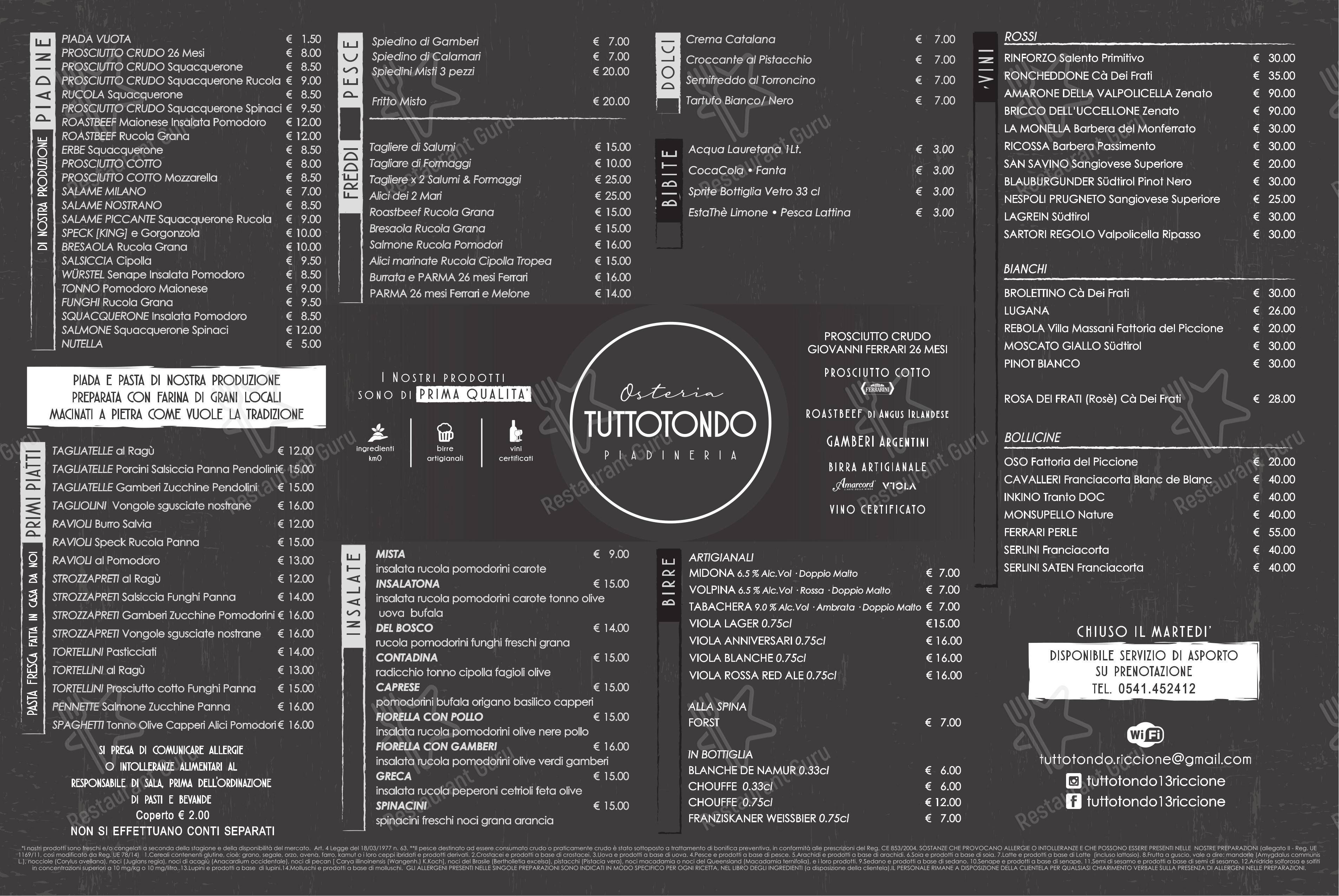 Menu per TuttoTondo Osteria Piadineria in Riccione