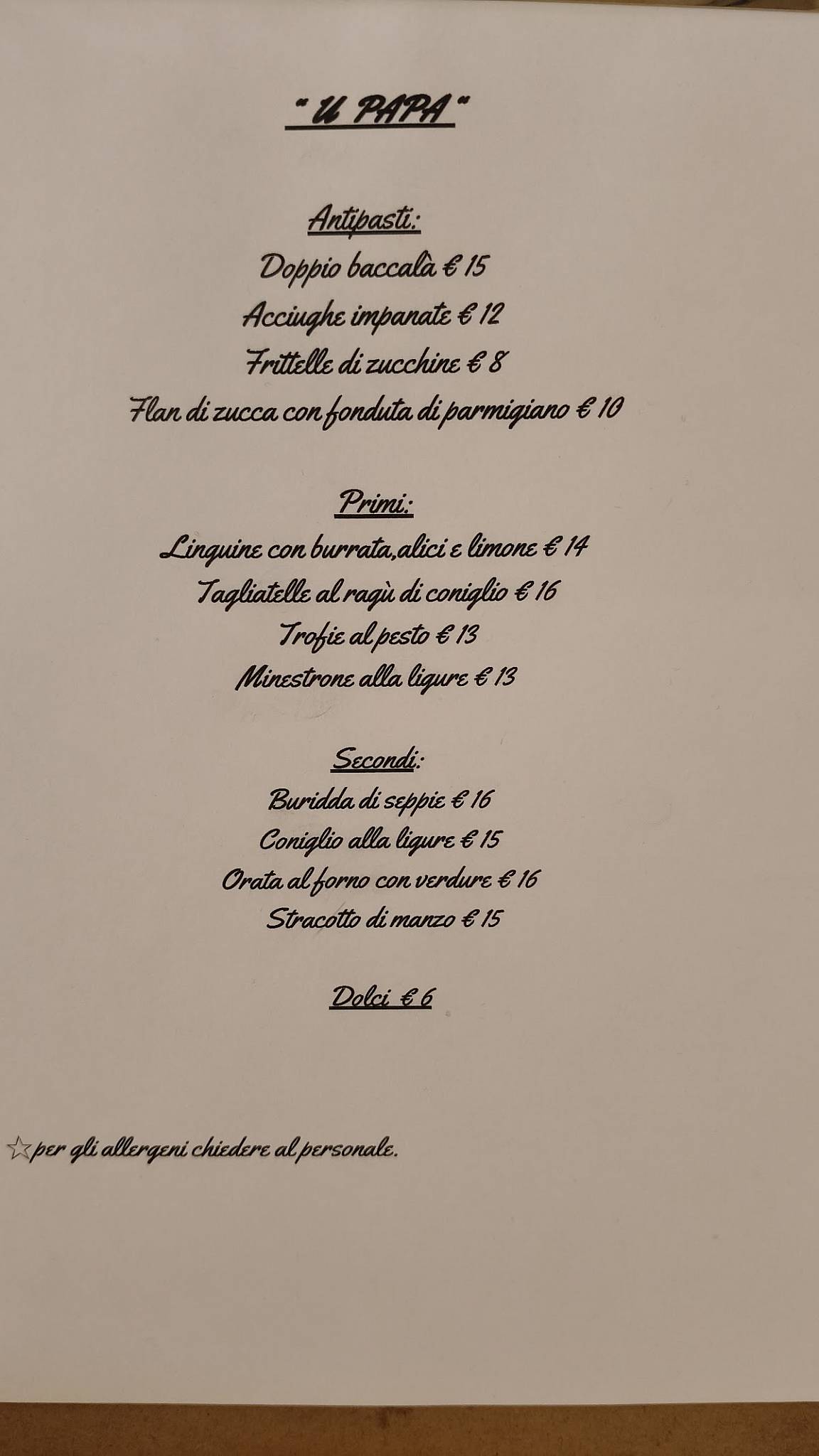 Menu di U Papa Locanda Imperia 