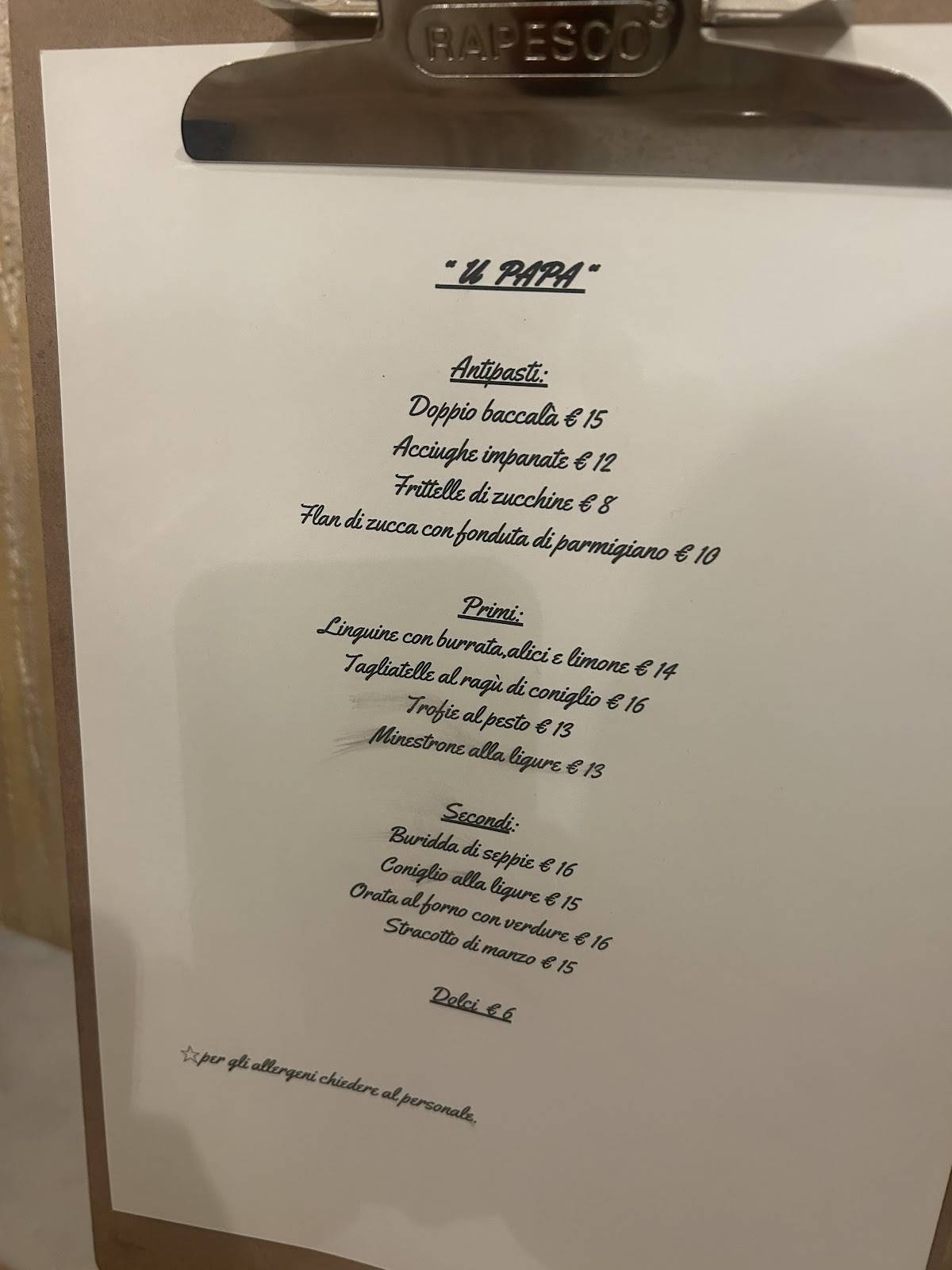 Menu di U Papa Locanda Imperia 