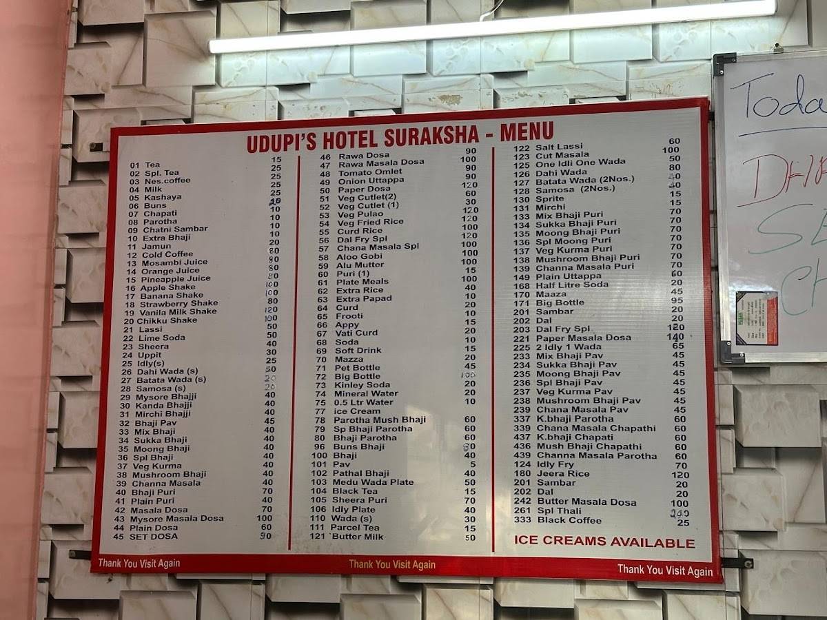 Udupi's Hotel Suraksha menu