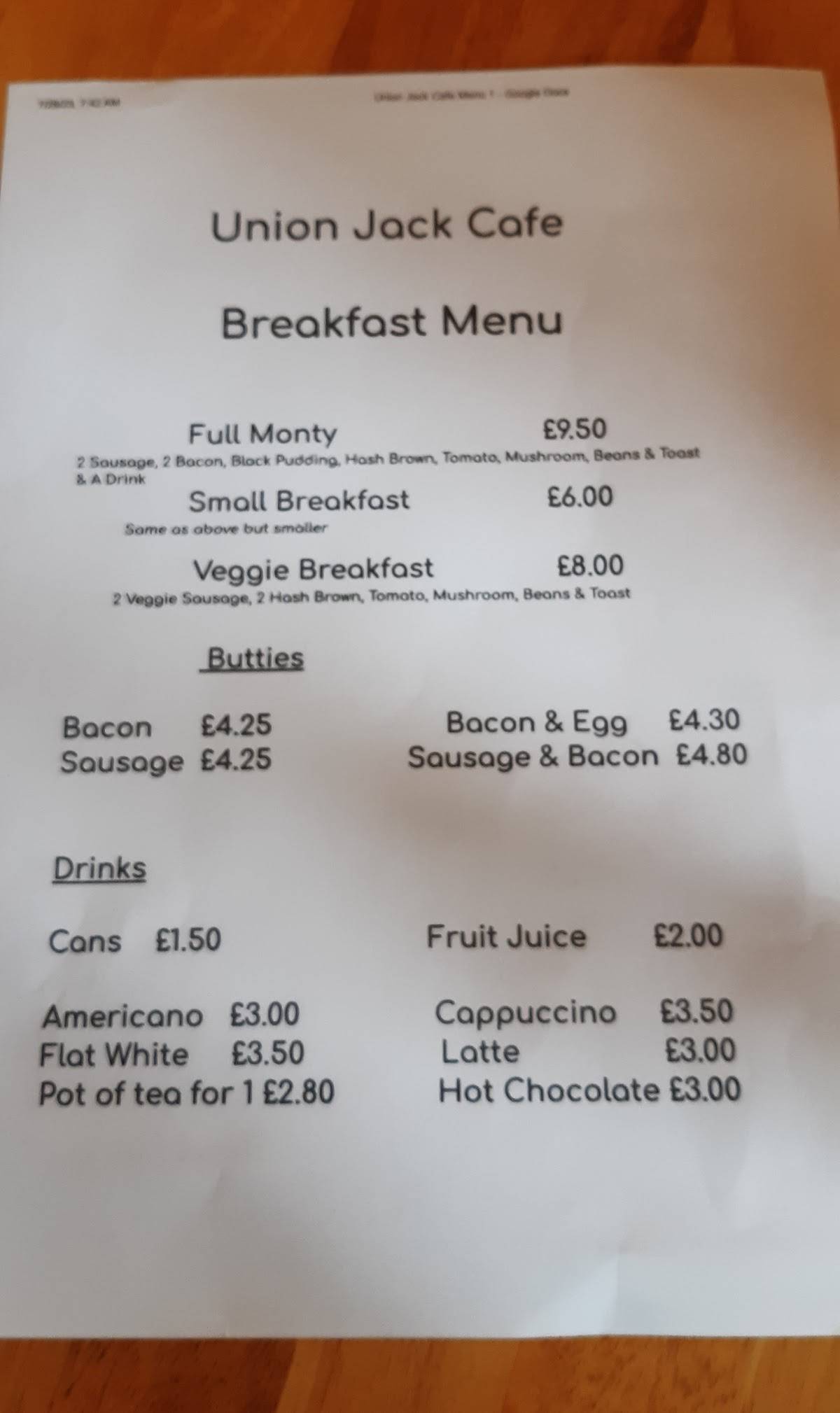 Menu at Union Jack Cafe, Kendal