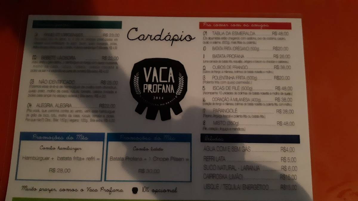Vaca Profana cardápio