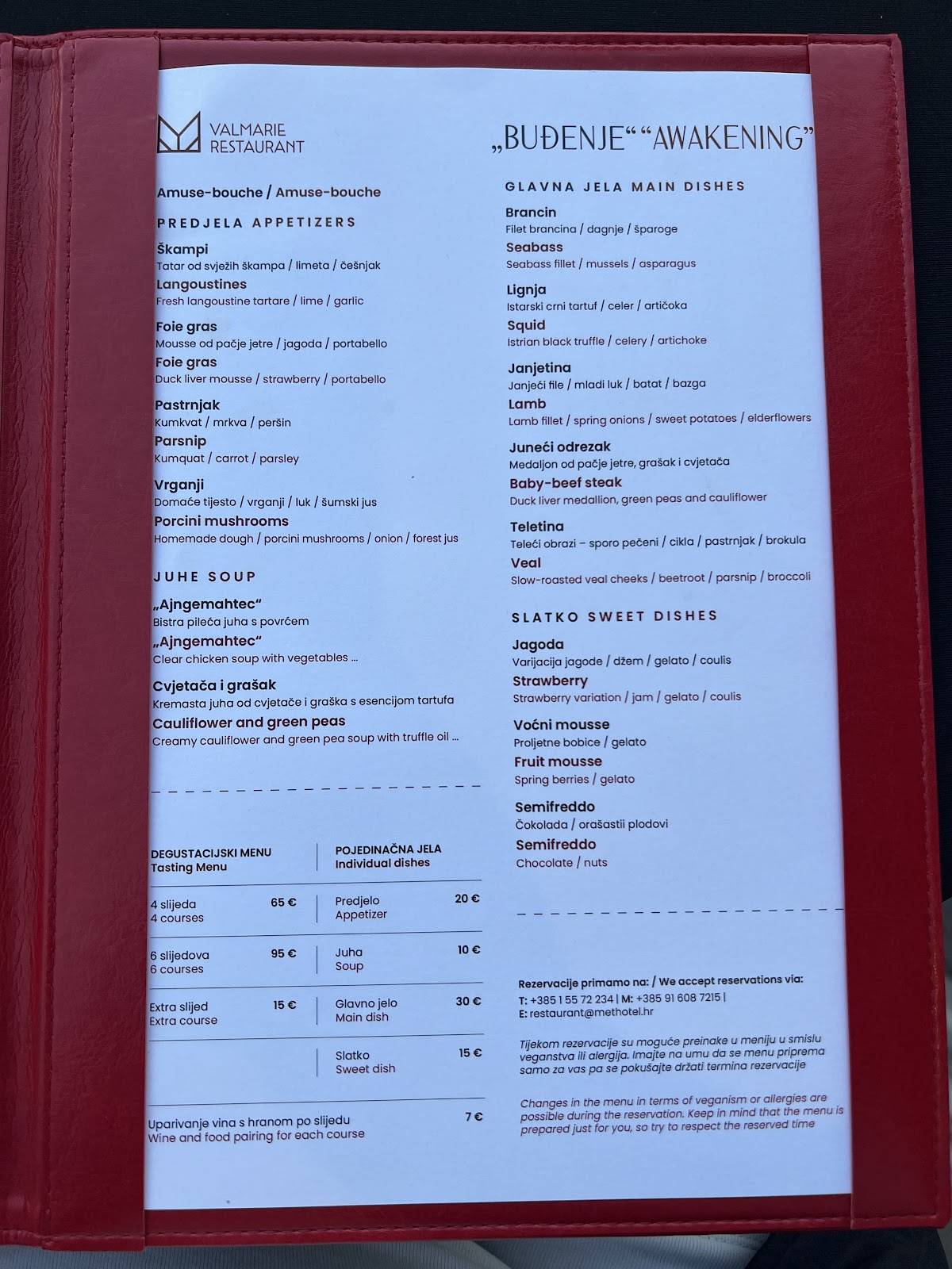 Menu di Valmarie Restaurant