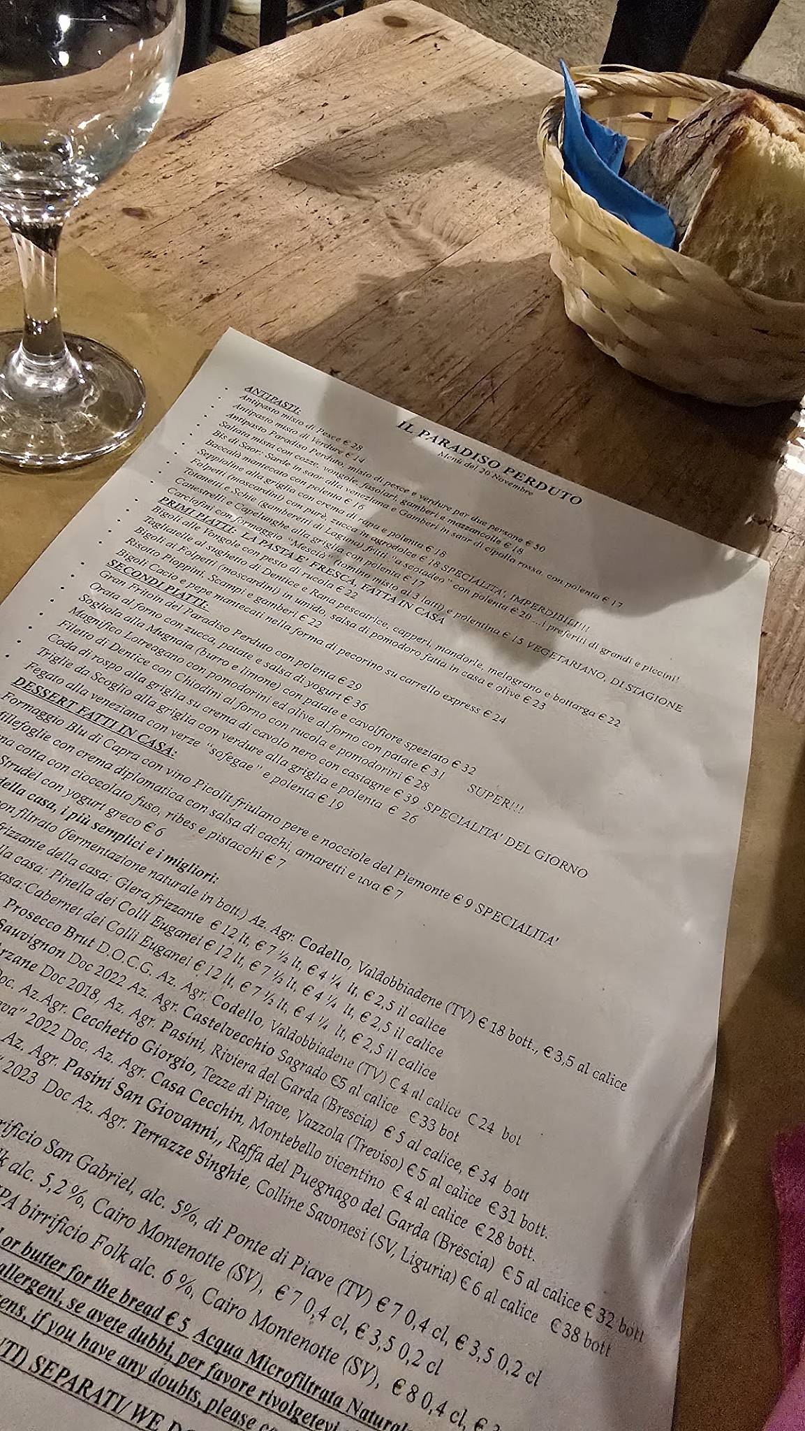 Menu di Paradiso Perduto 