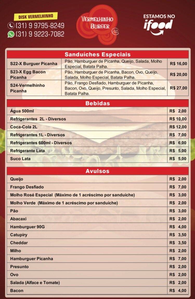 Vermelhinho Burger cardápio