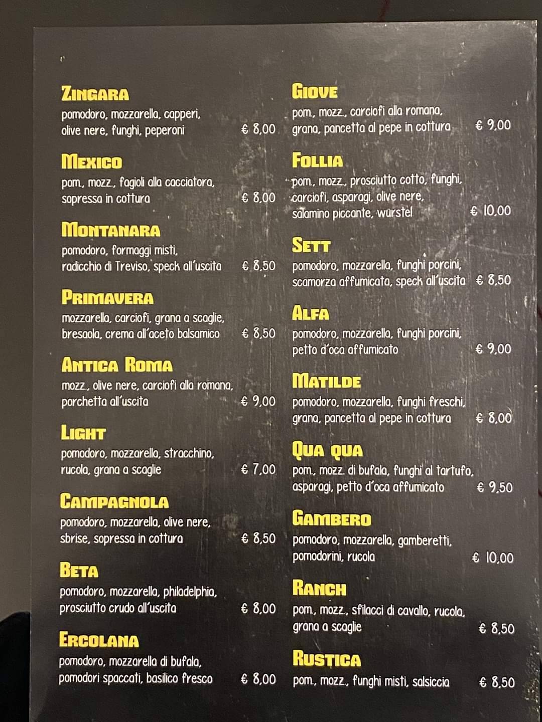 Menu di Vinile Pizzeria Vintage Rovigo 