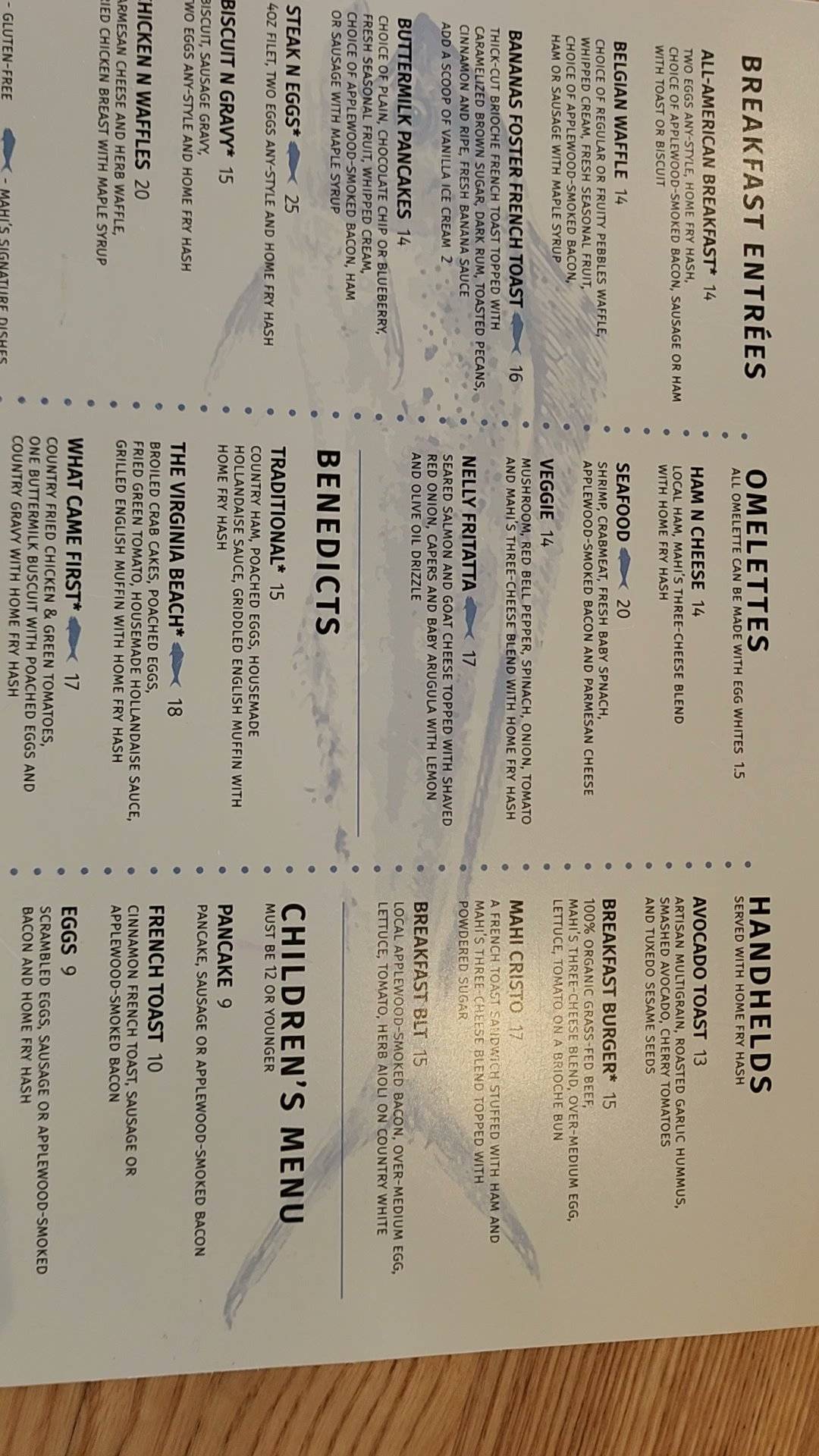 Menu at Mahi's restaurant, Virginia Beach