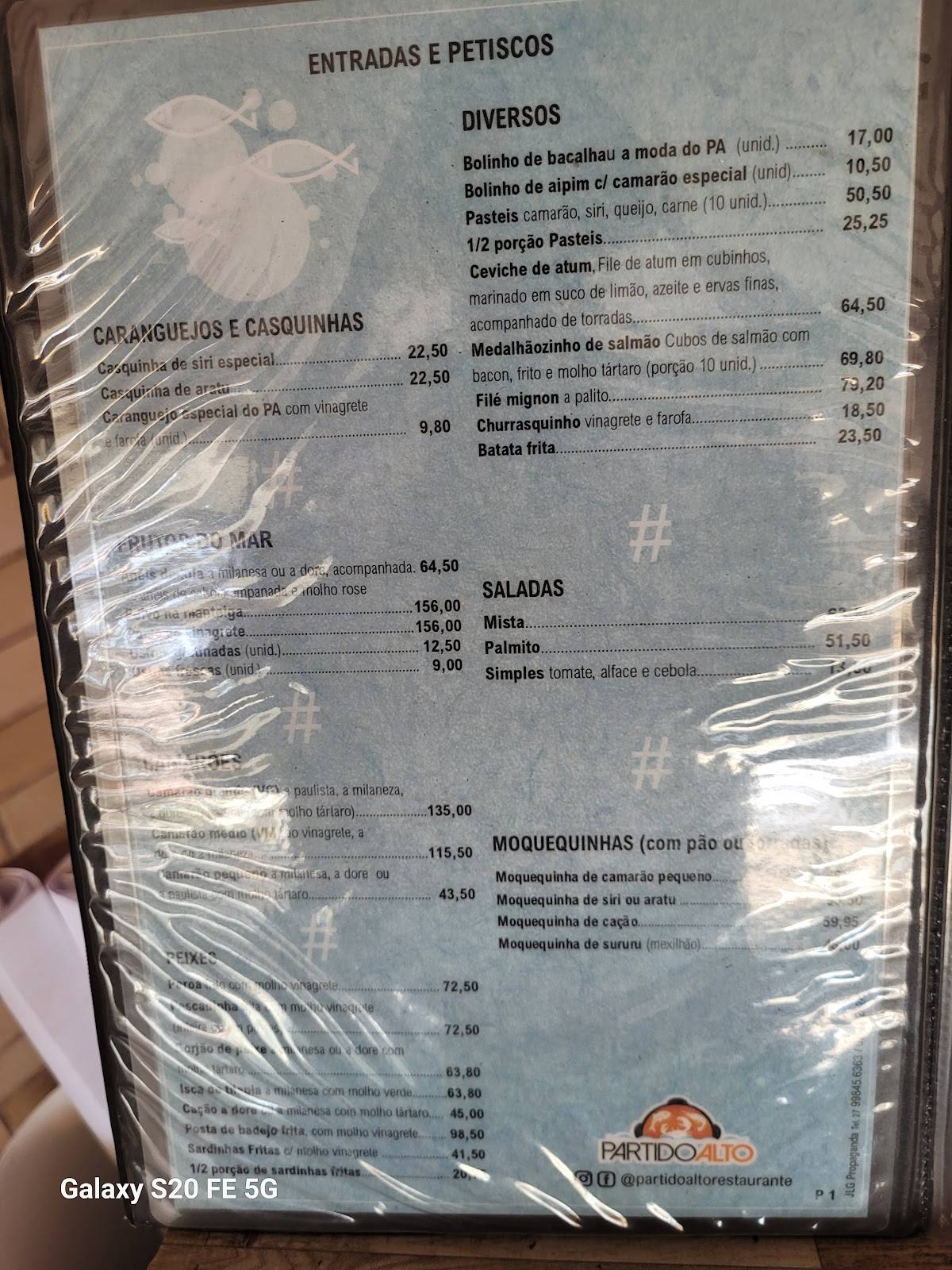 Restaurante Partido Alto. cardápio