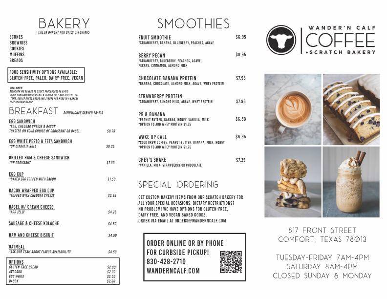 Wander'n Calf Espresso Bar and Bakery menu