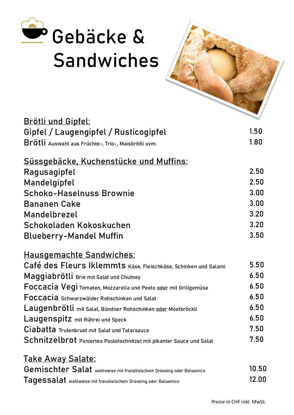 Menu di Café des Fleurs, öffentliches Restaurant und Café 