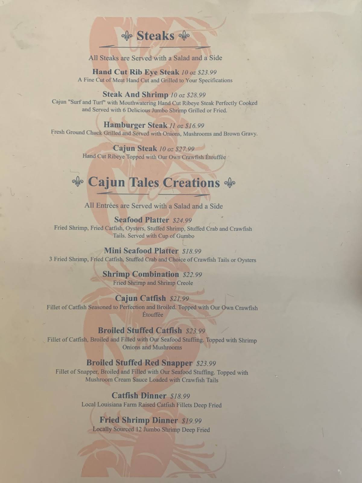 Menu at Cajun Tales Seafood restaurant, Welsh