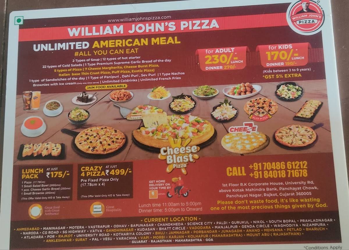 William John's Pizza- BEST UNLIMITED PIZZA IN UNIVERSITY ROAD menu