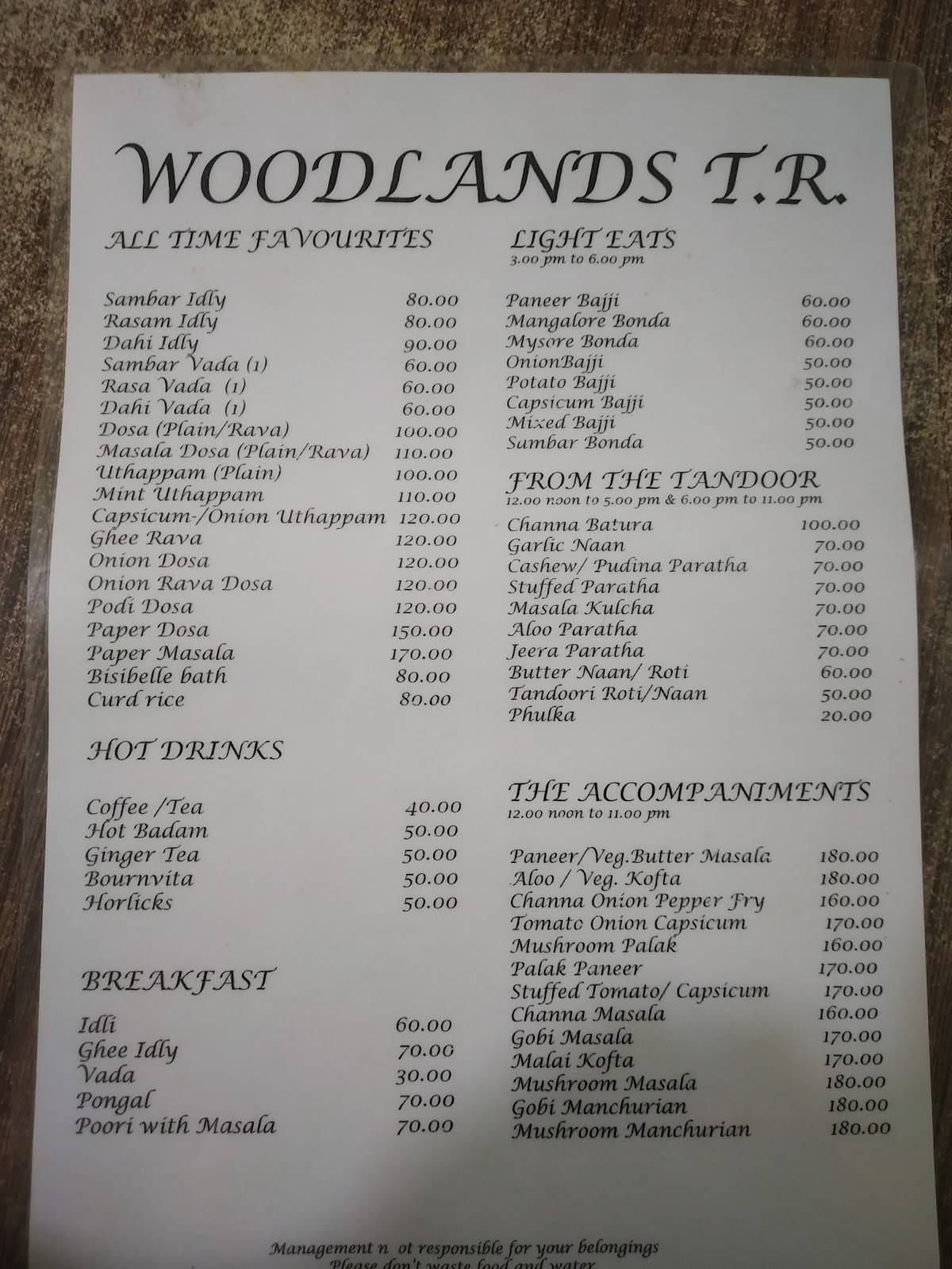 Woodlands Veg Restaurant menu