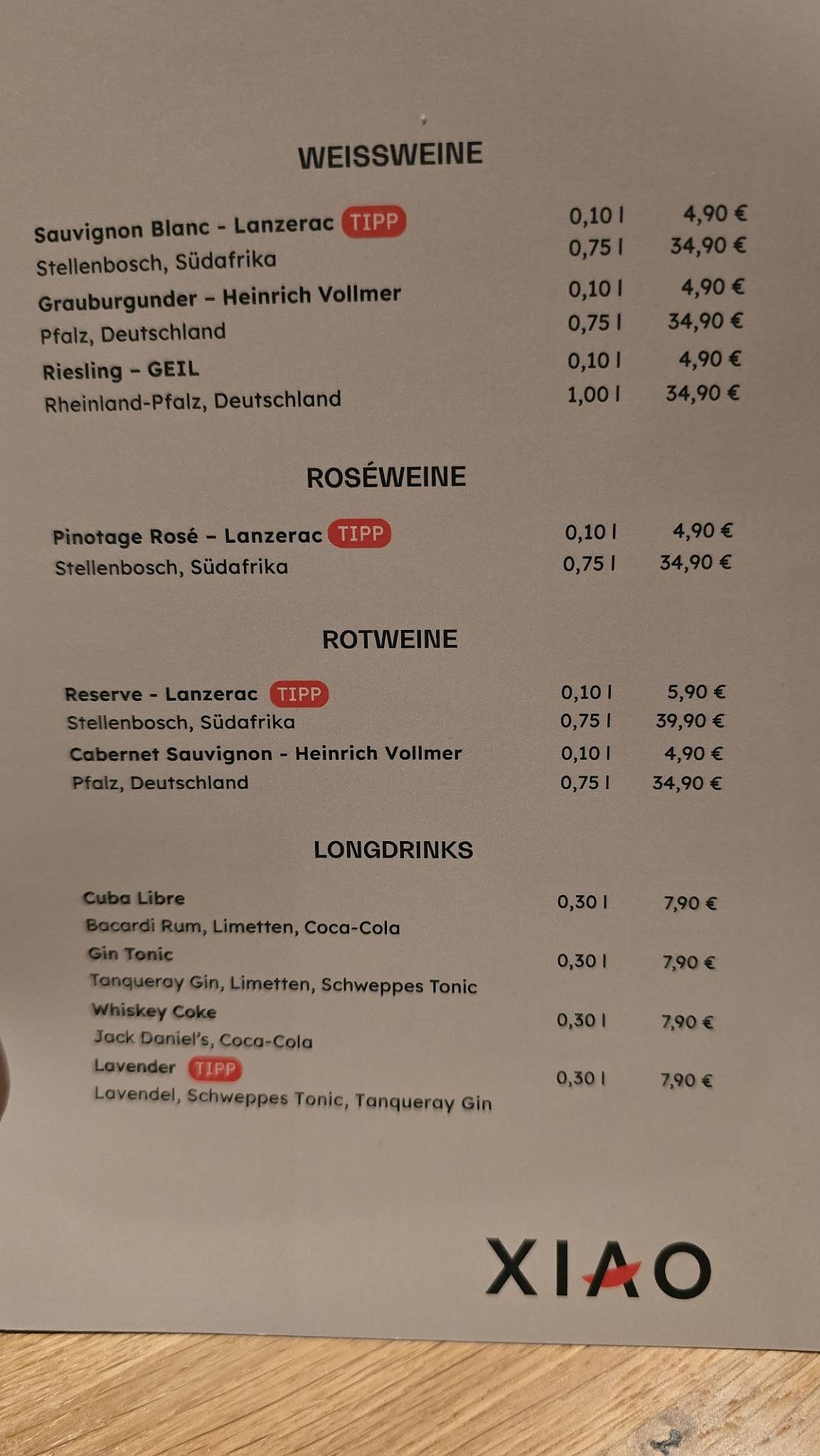 Menu de XIAO Köln