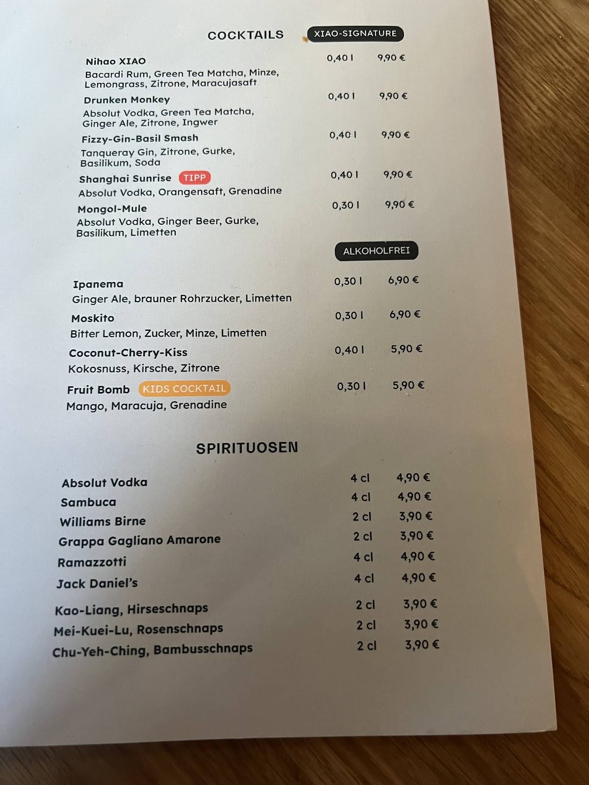 Menu de XIAO Köln