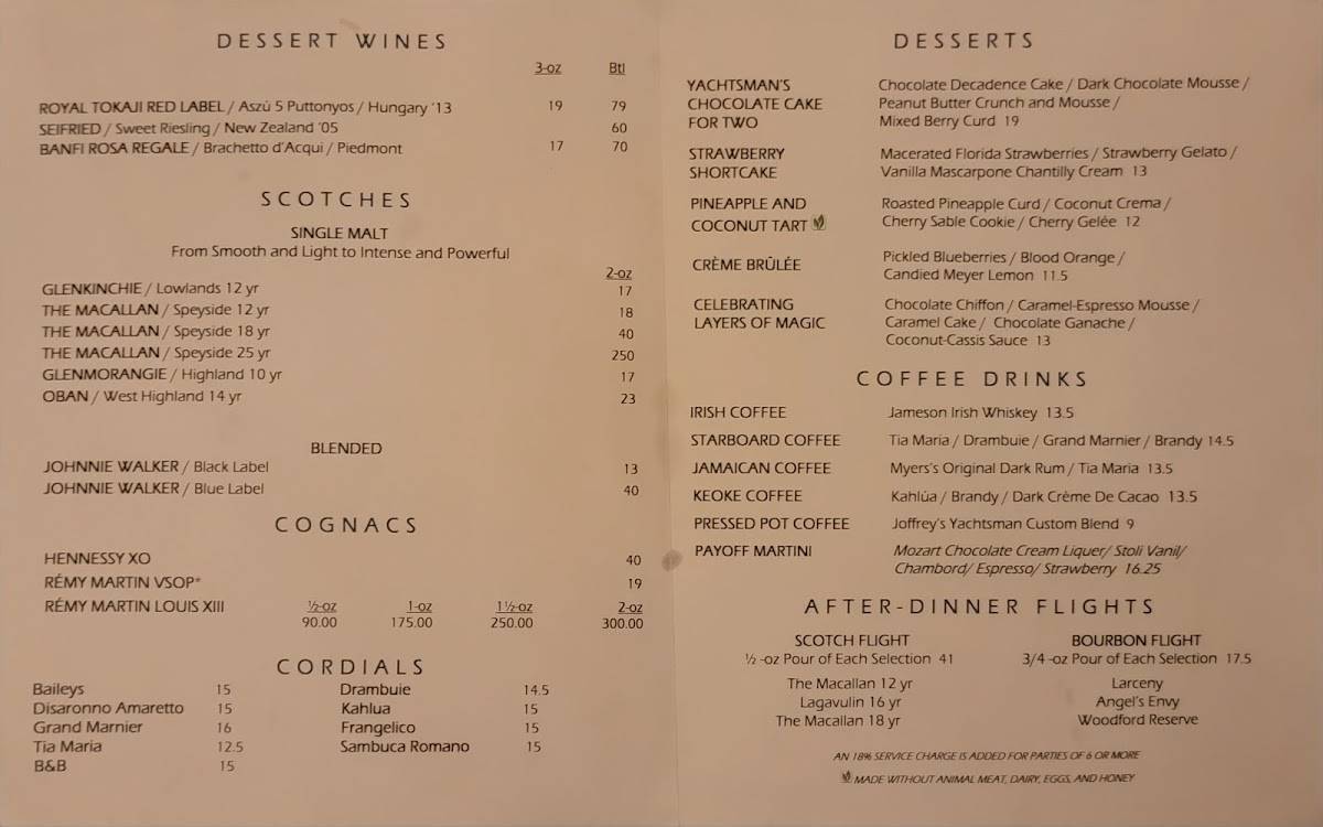 Yachtsman Steakhouse menu